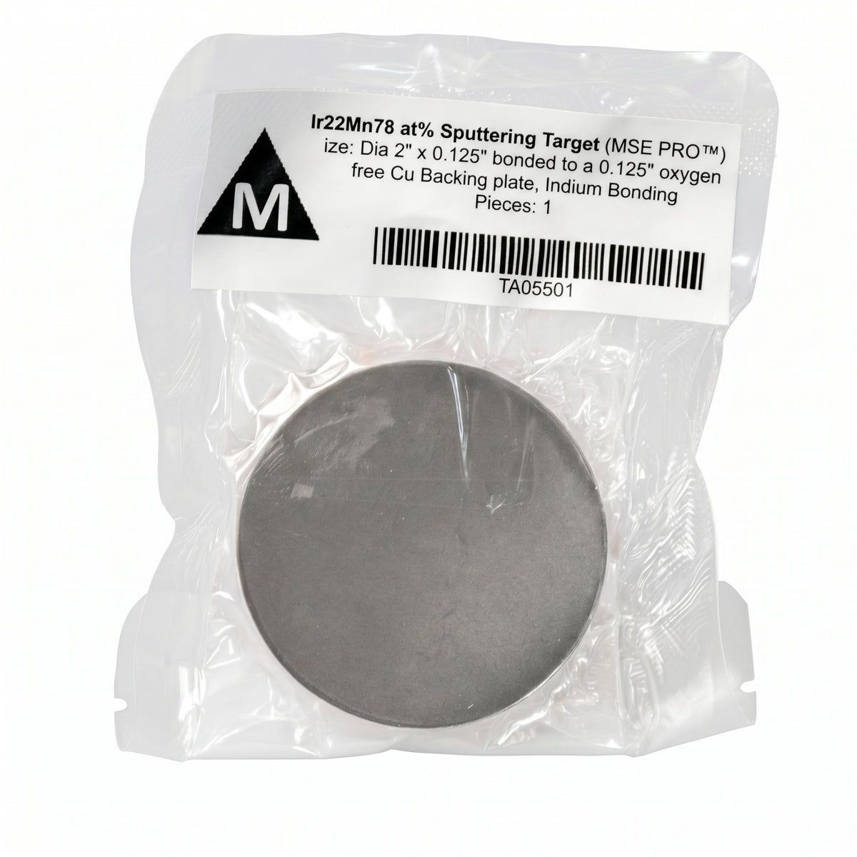 MSE PRO Ir22Mn78 target, 2" diameter, 0.125" thickness, bonded to a 0.125" thick oxygen-free Cu backing plate, Indium Bonding AI image
