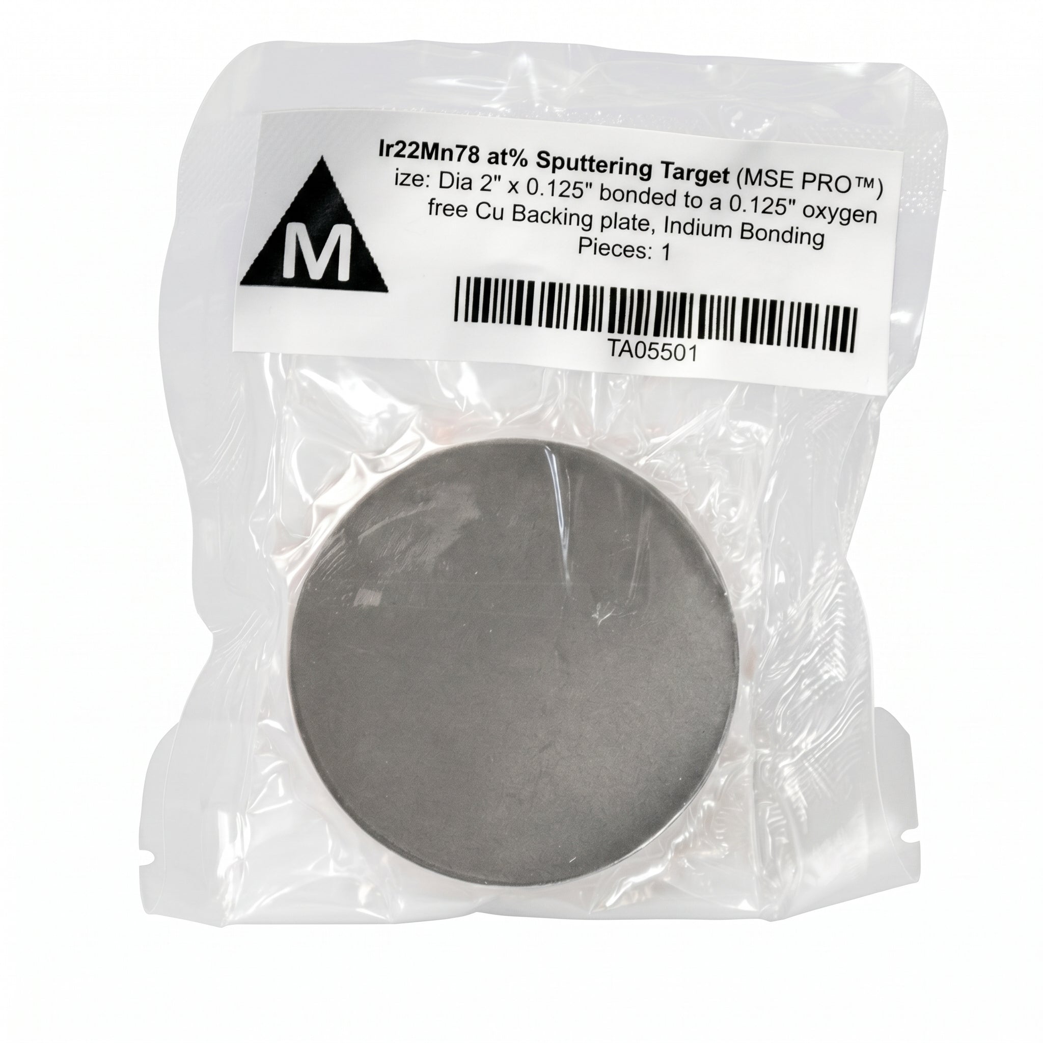MSE PRO Ir22Mn78 target, 2" diameter, 0.125" thickness, bonded to a 0.125" thick oxygen-free Cu backing plate, Indium Bonding AI image