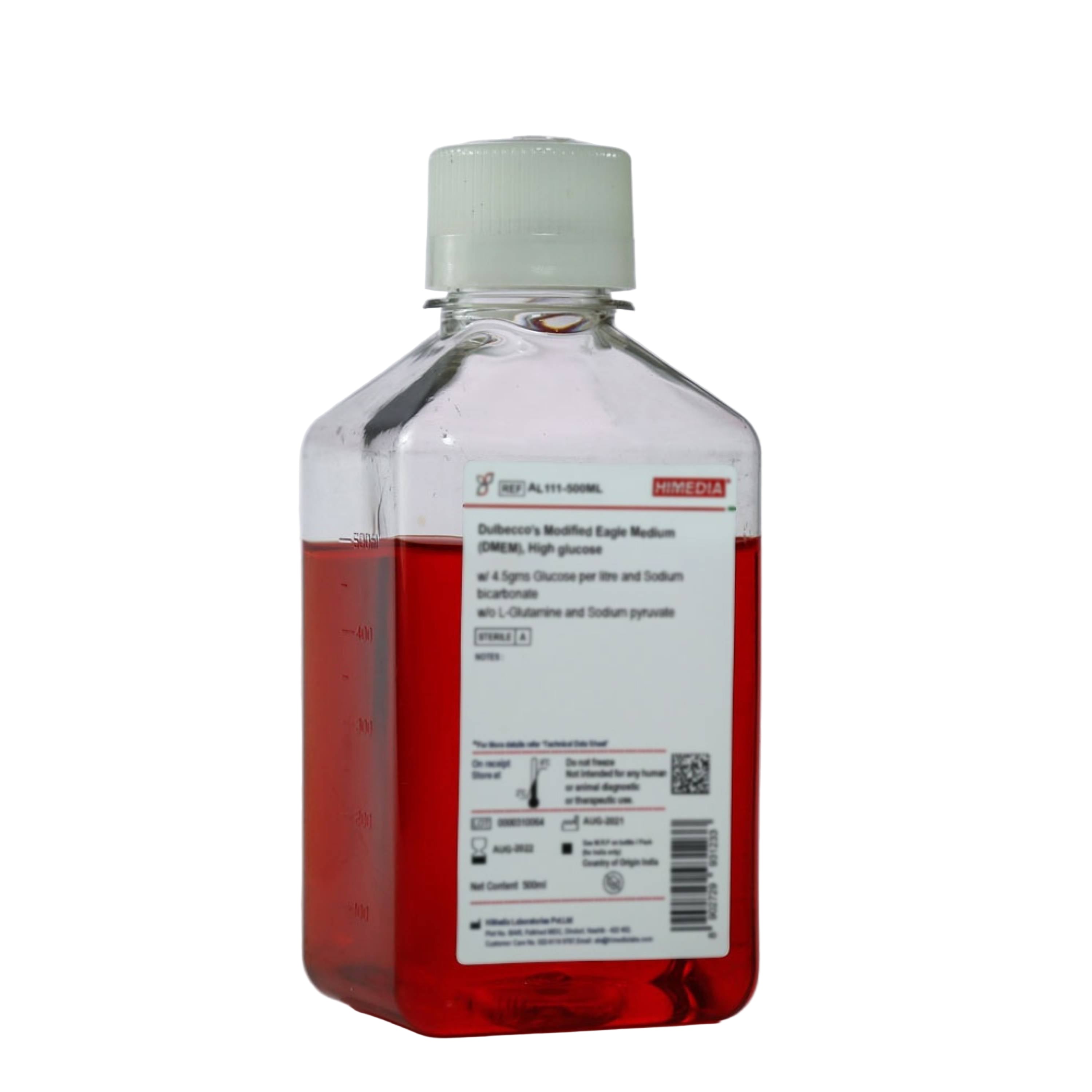 HIMEDIA Dulbecco’s Modified Eagle Medium (DMEM) High Glucose w/ 4.5gms Glucose Per Litre, 1mM Sodium Pyruvate, L-Glutamine and 1.5 gms Per Litre Sodium Bicarbonate 500ML, 5X100ML