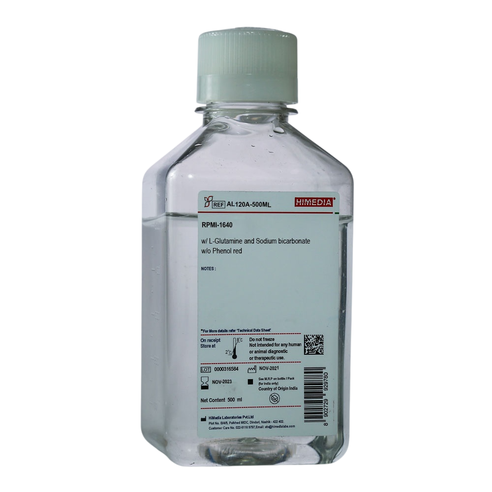 HIMEDIA RPMI-1640 w/ L-Glutamine and Sodium Bicarbonate w/o Phenol Red 500ML