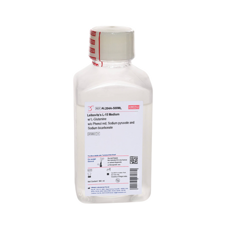 HIMEDIA Leibovitz’s L-15 Medium w/ L-Glutamine, w/o Phenol red, Sodium pyruvate and Sodium, bicarbonate 500ML