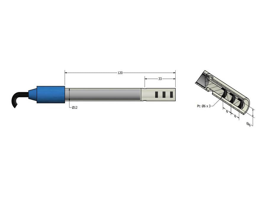 AMEL Conductivity Cell, Three Black Platinum Ring Electrodes, Cell Constant K = 1, Glass Body, Ø12 X 120mm, Through Cable - MSE Supplies LLC