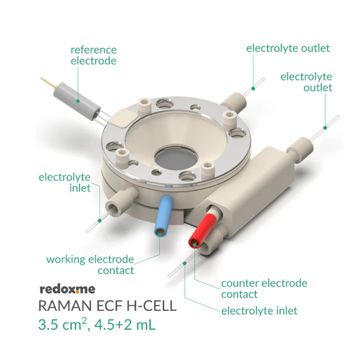 Aqueous Compatible Screw Mount Raman Electrochemical Flow H-Cell for sample size 7 mm x 7 mm - Electrochemical Products - Redox.me - MSE Supplies