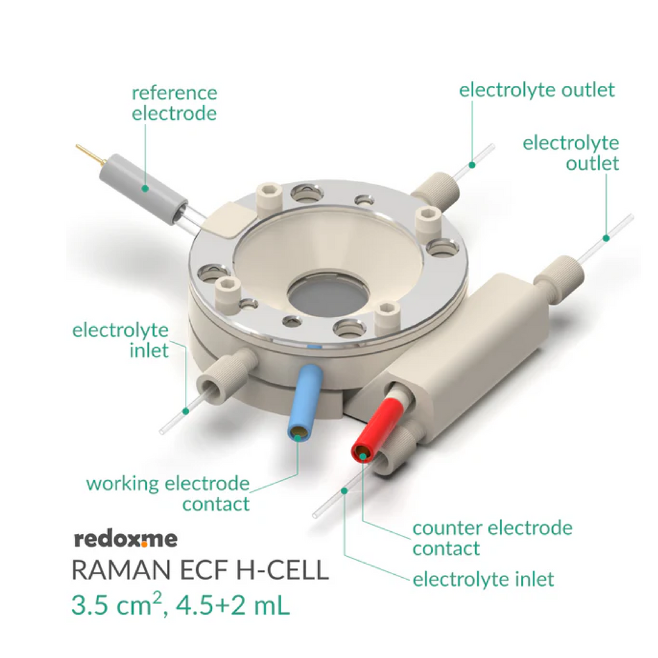 Aqueous Compatible Magnetic Mount Raman Electrochemical Flow H-Cell for sample size 15 mm x 15 mm - Electrochemical Products - Redox.me - MSE Supplies