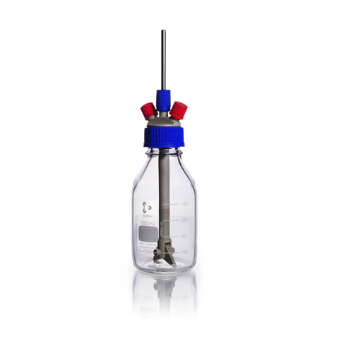 DURAN® GL 45 Stirred Bottle Reactor Set, Complete with 500 mL Bottle (Clear), Screw Cap (PP, Blue), 2x GL 14 Ports and 2x GL 14 Caps (PBT, Red) and Folding Magnetic Stirrer - Bio Lab Consumables - DWK Life Sciences - MSE Supplies