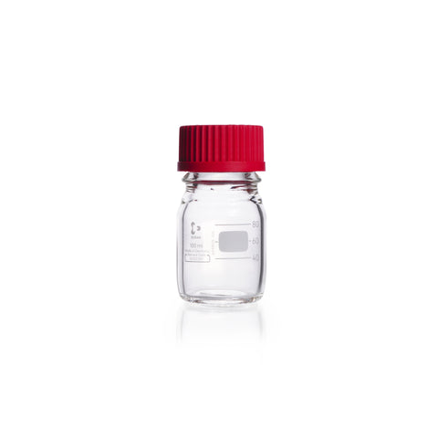 DURAN® Original GL 45 Laboratory Bottle, Clear, with High Temperature Screw Cap (PBT, Red) and Pouring Ring (ETFE, Red), 100 mL - Bio Lab Consumables - DWK Life Sciences - MSE Supplies