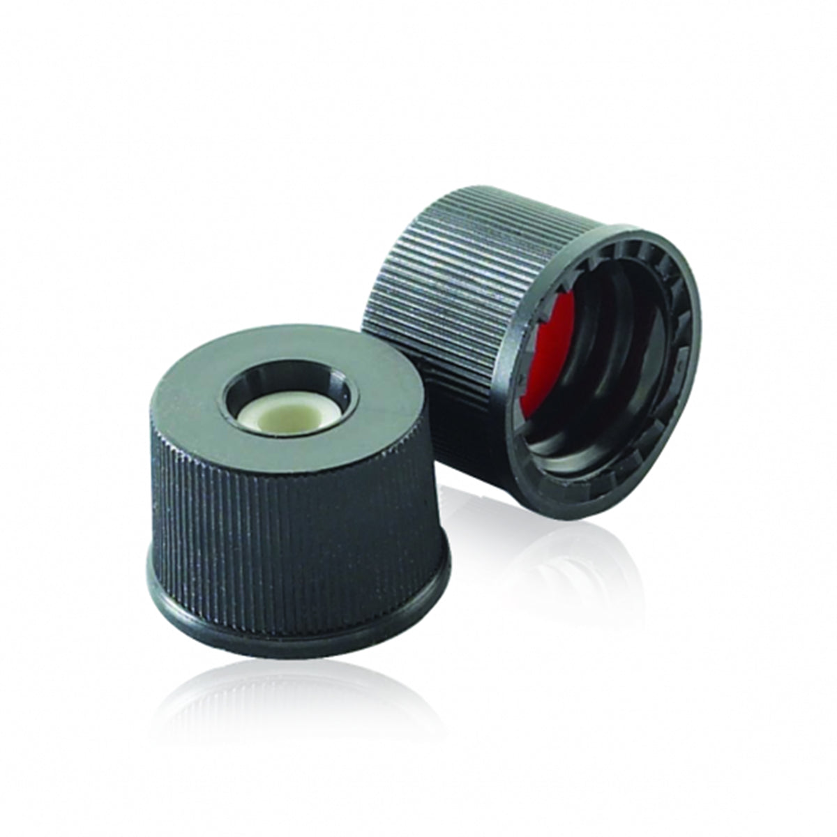 WHEATON® Preassembled Open Top Caps and Septa, Black Polypropylene Cap With PTFE / Silicone Liner