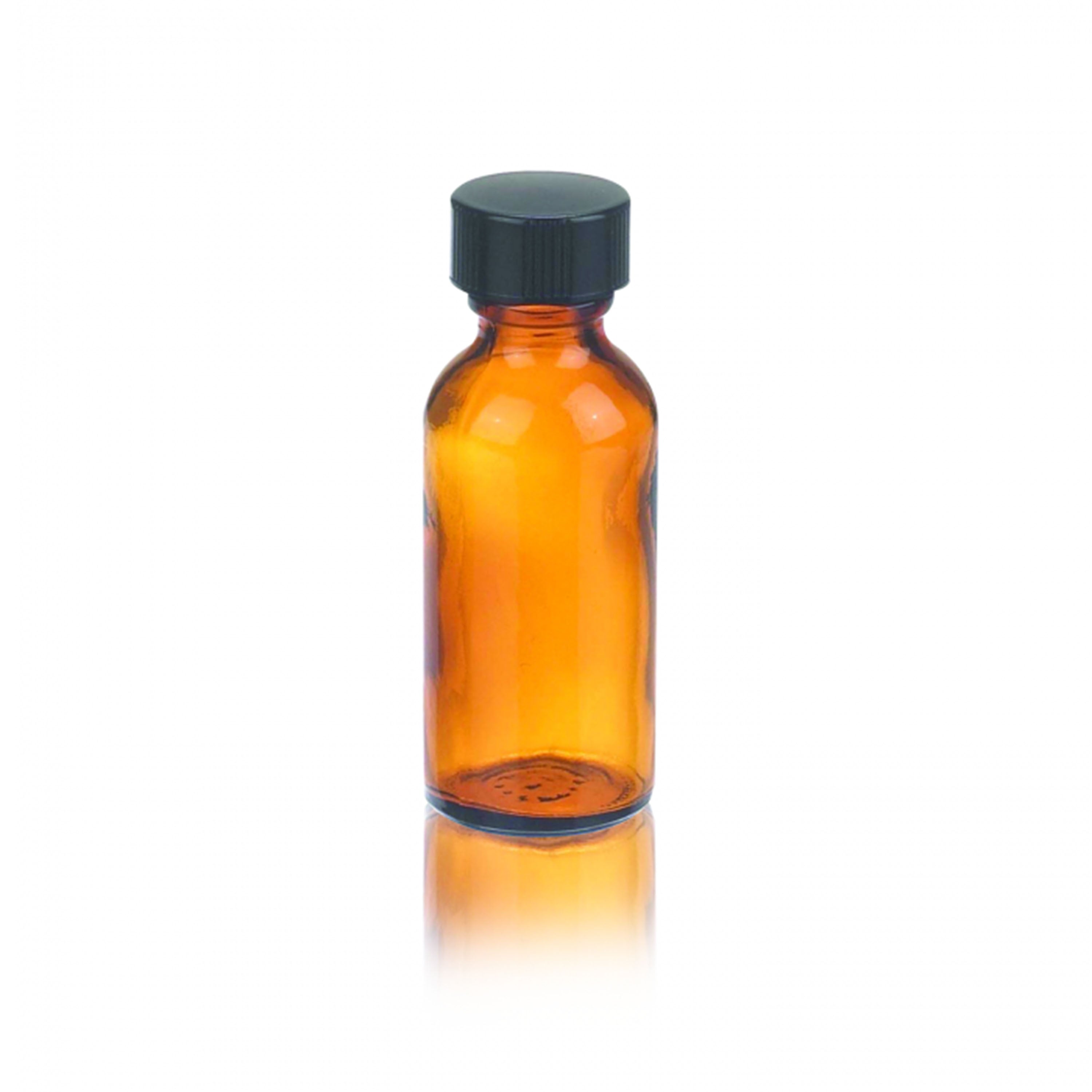 WHEATON® Boston Round Bottle, 1oz, amber, black Phenolic, PE cone