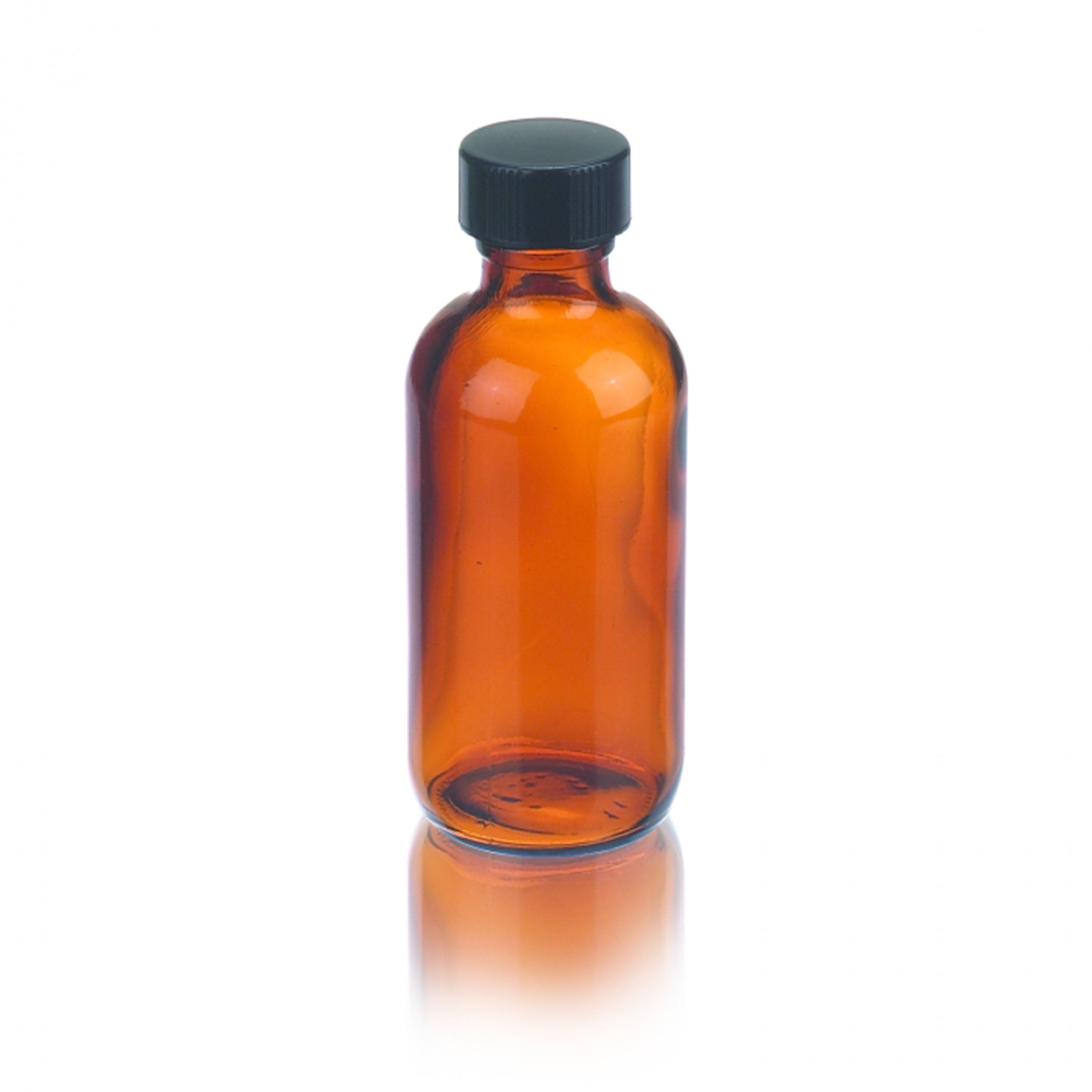 WHEATON® Boston Round Bottle, 2oz, amber, black Phenolic, PE cone
