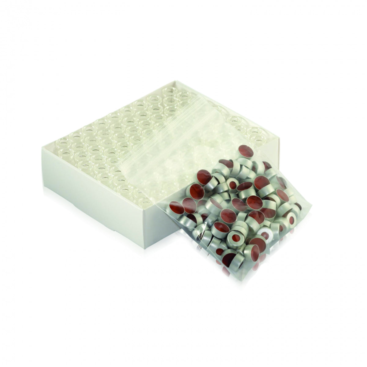 WHEATON® E-Z VIAL® 12 x 32mm Crimp Top Convenience Packs, Clear With Patch, PTFE / Red Rubber, Natural