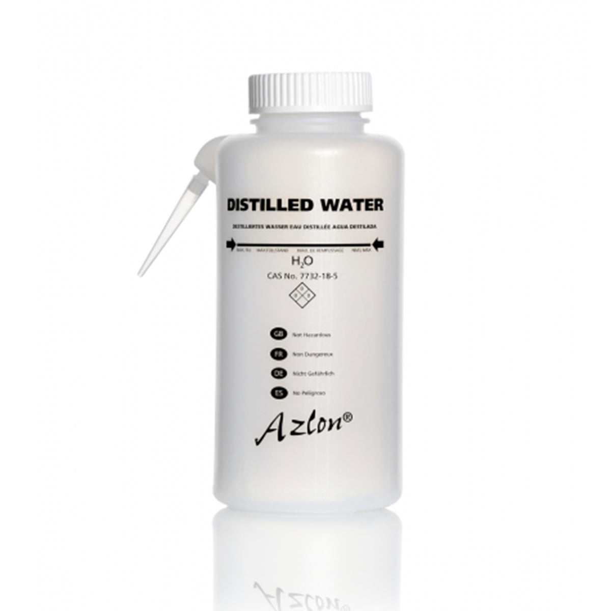 AZLON® Wash Bottle, round integral, multilingual, 500mL Distilled water