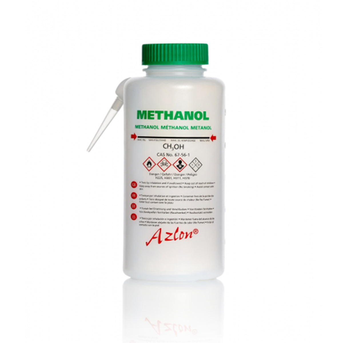 AZLON® Wash Bottle, round integral, multilingual, 500mL Methanol