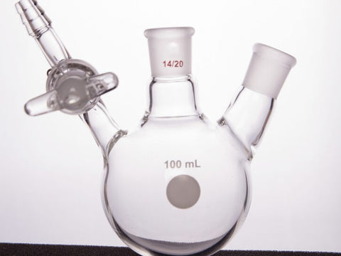 MSE PRO Glass Stopcock Two-mouth Reaction Bottle, Capacity: 100ml, Main Mouth: 14/20, Side Mouth: 14/20 - MSE Supplies LLC