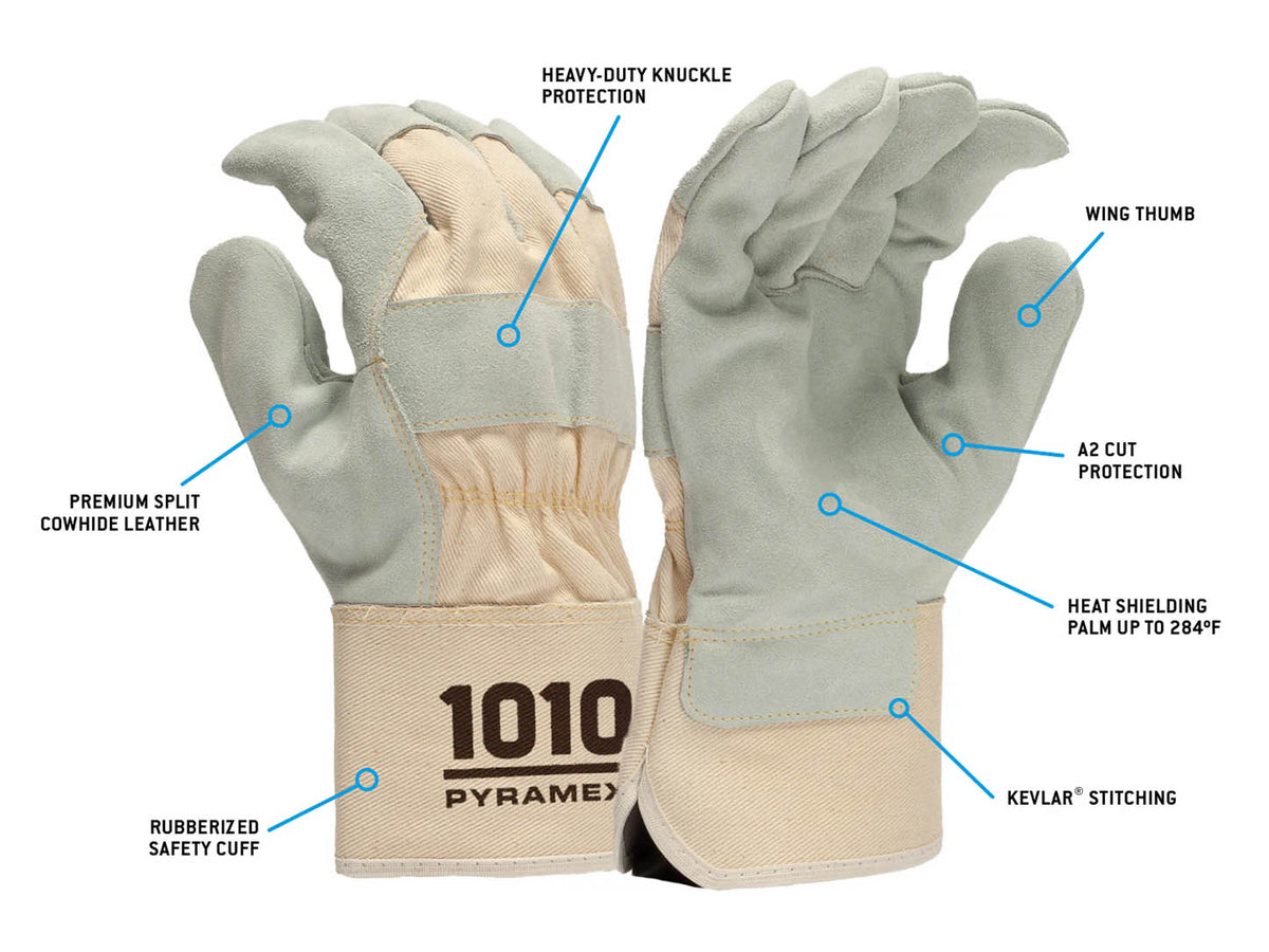 PYRAMEX Leather Palm GL1010W - Premium Cowhide Safety Cuff A2 Cut Gloves, PK of 12 - MSE Supplies LLC
