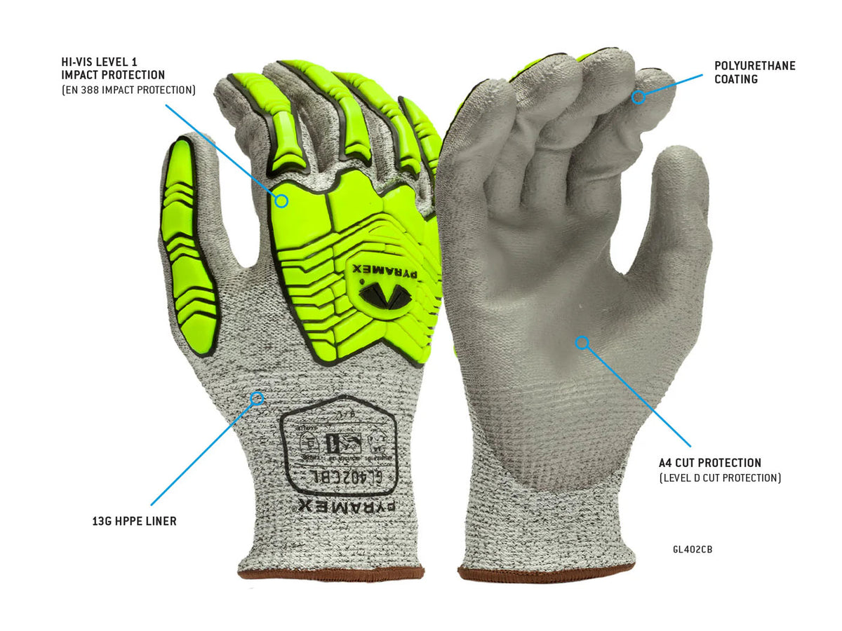 PYRAMEX Dipped GL402CB - Polyurethane A4 Cut Level 1 Impact Gloves, PK of 12 - MSE Supplies LLC