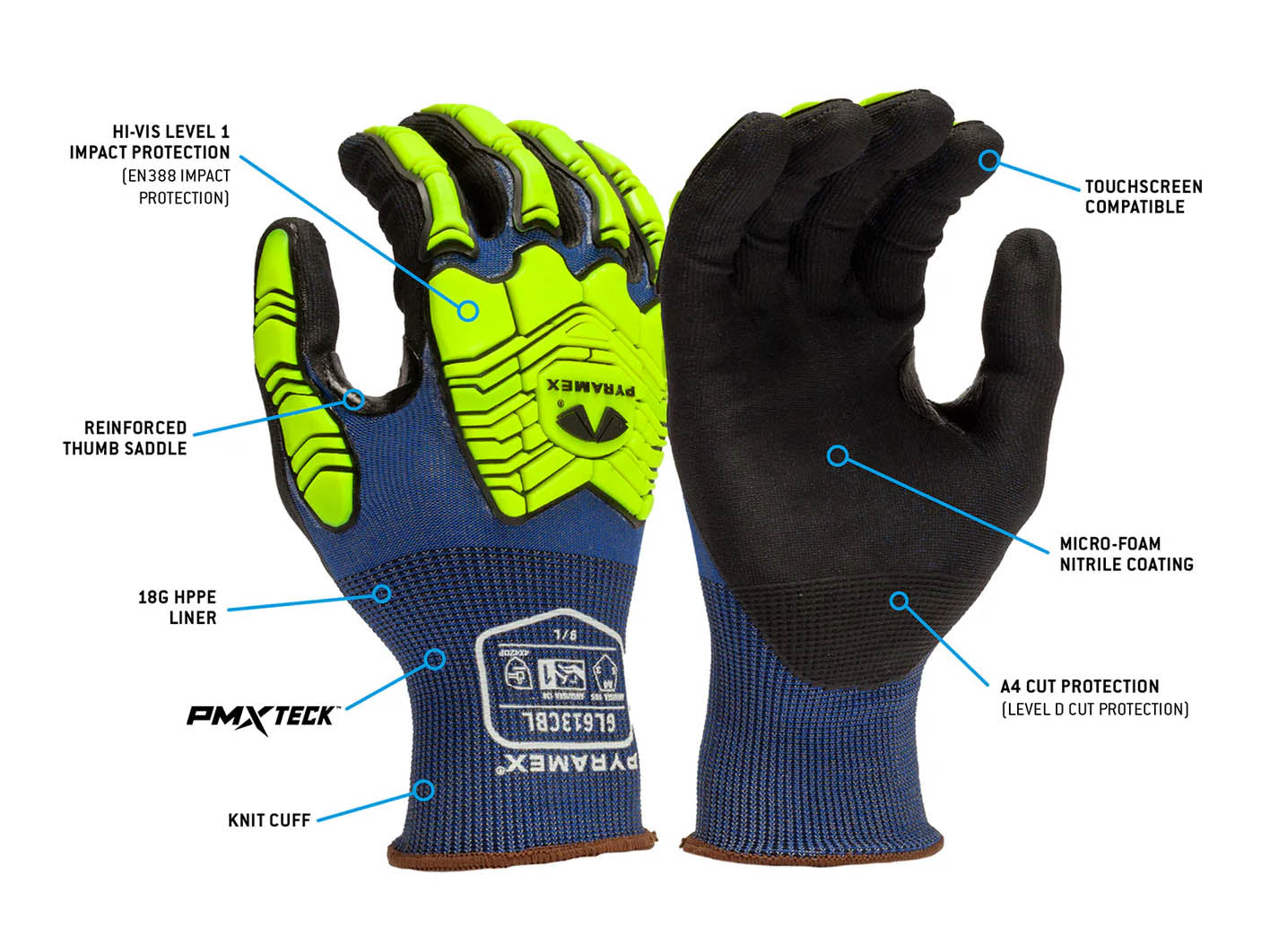 PYRAMEX Dipped GL613CB - Micro-Foam Nitrile A4 Cut Level 1 Impact Gloves, PK of 12 - MSE Supplies LLC