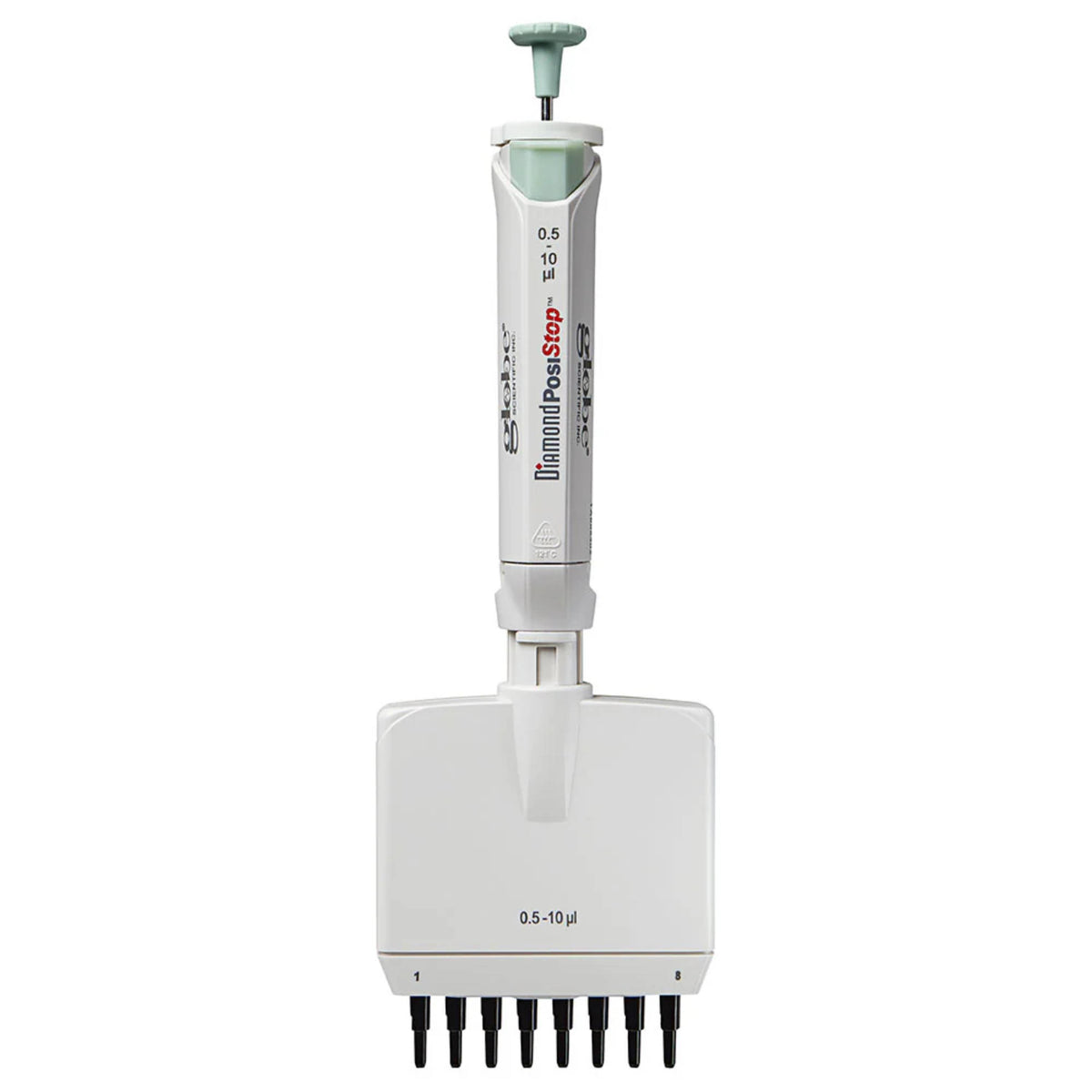 Globe Scientific Pipette, Diamond Posistop,  Autoclavable, 8 Channel, 0.5-10ul, Red