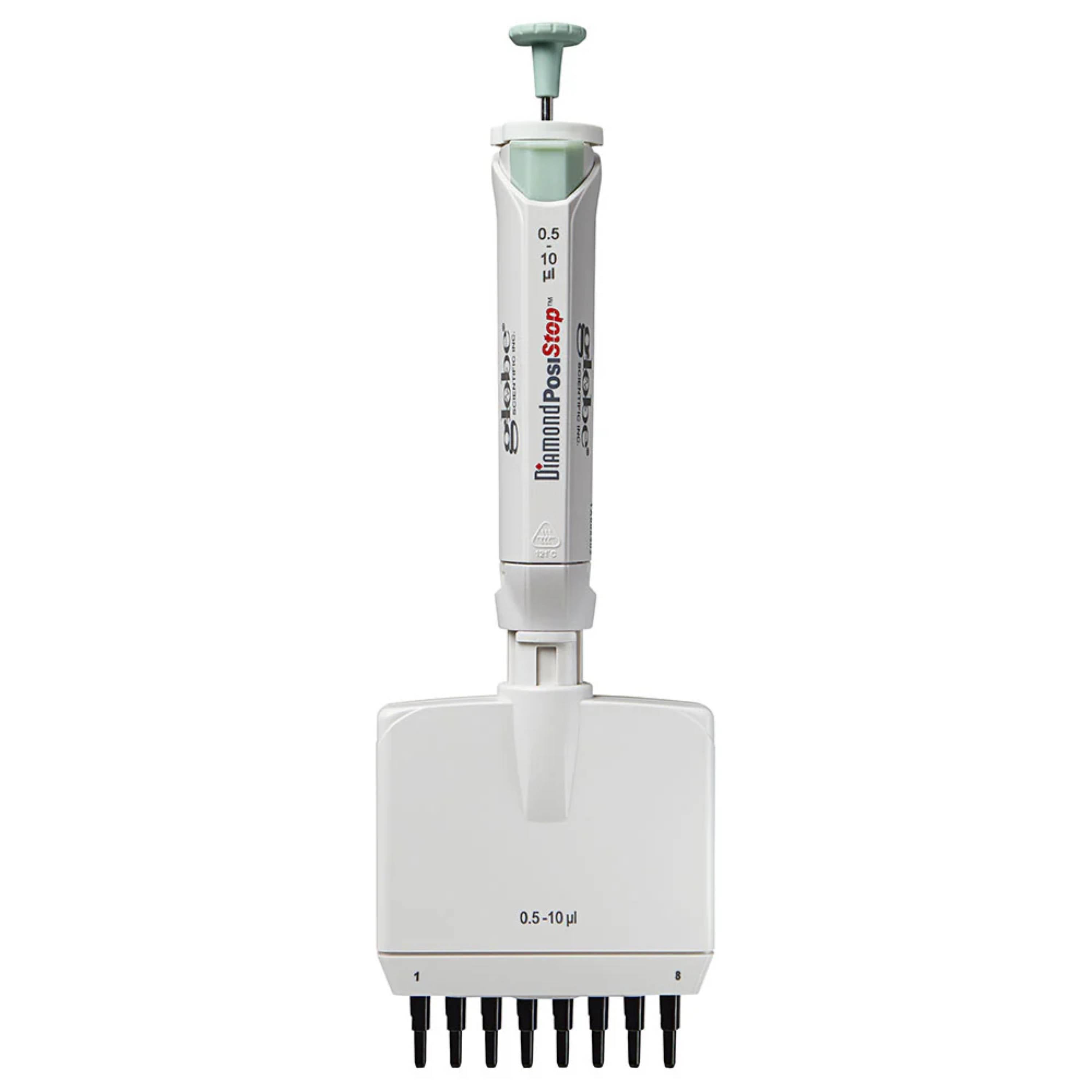 Globe Scientific Pipette, Diamond Posistop,  Autoclavable, 8 Channel, 0.5-10ul, Red