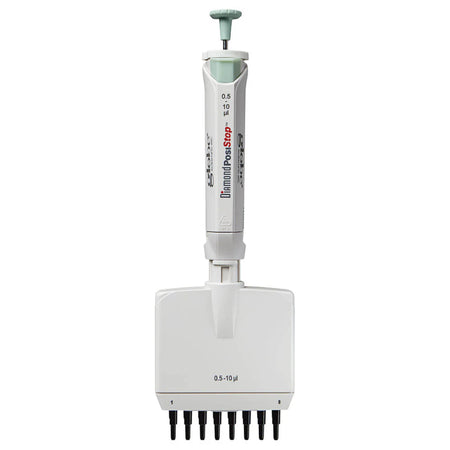 Globe Scientific Pipette, Diamond Posistop,  Autoclavable, 8 Channel, 0.5-10ul, Red