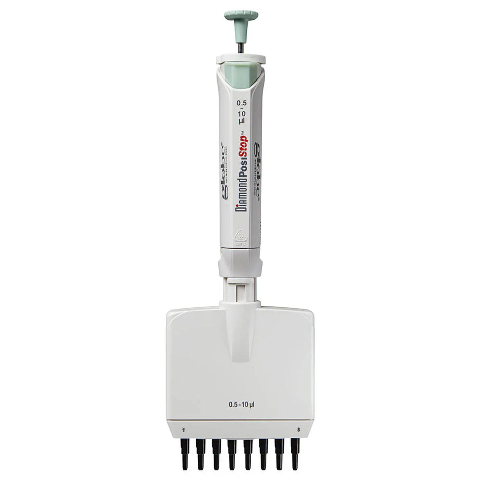 Globe Scientific Pipette, Diamond Posistop,  Autoclavable, 8 Channel, 0.5-10ul, Red