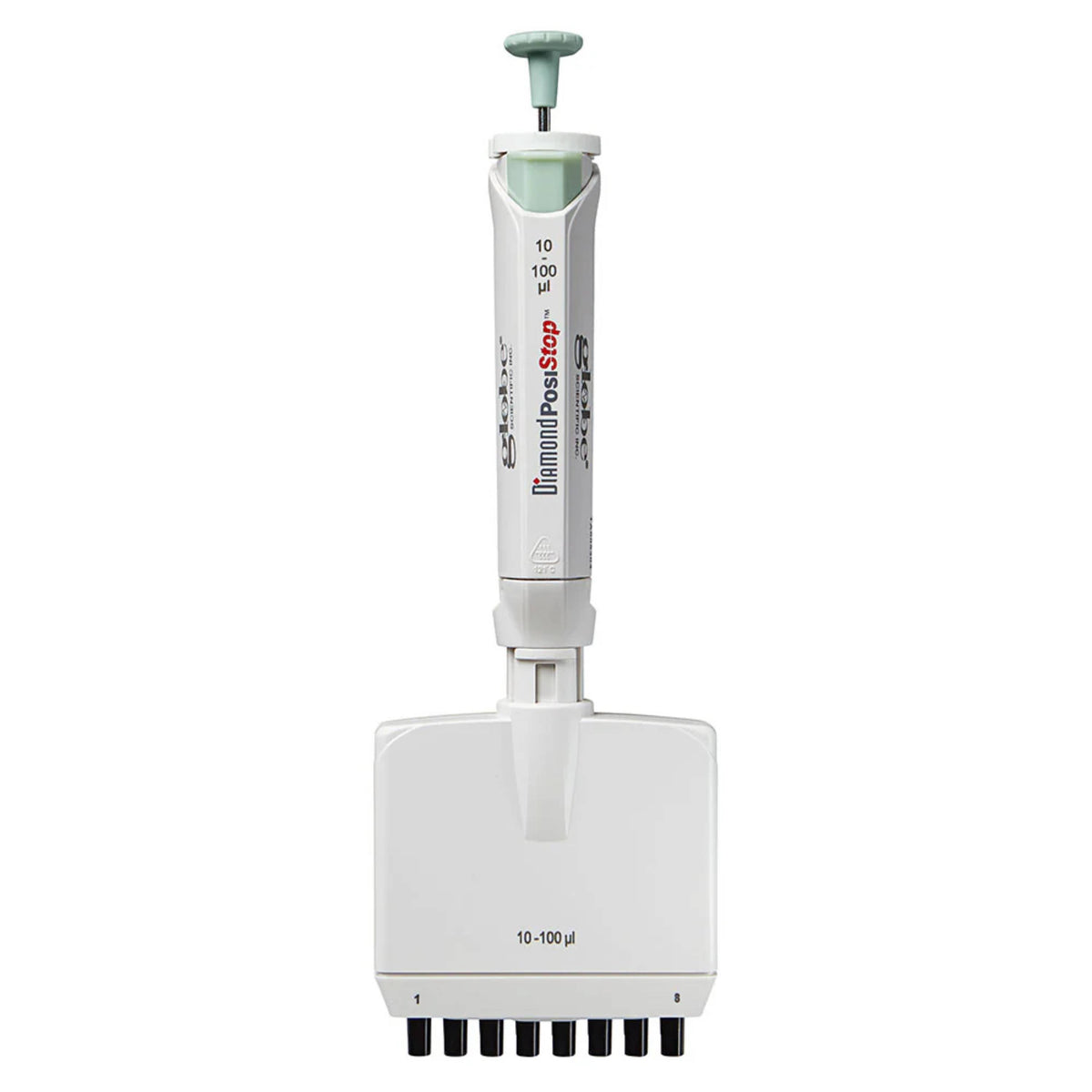 Globe Scientific Pipette, Diamond Posistop,  Autoclavable, 8 Channel, 10-100ul, Green