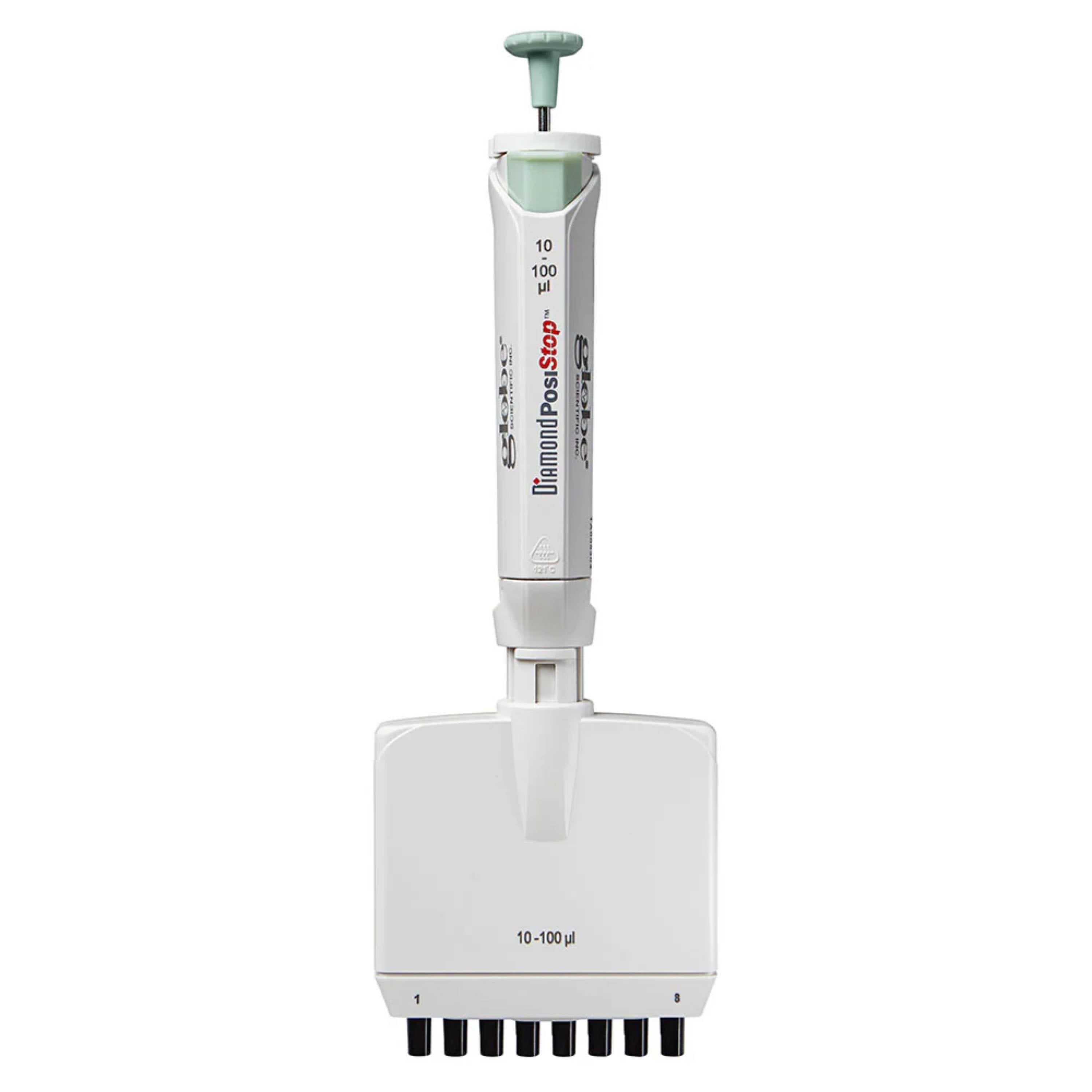 Globe Scientific Pipette, Diamond Posistop,  Autoclavable, 8 Channel, 10-100ul, Green