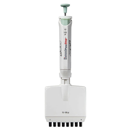 Globe Scientific Pipette, Diamond Posistop,  Autoclavable, 8 Channel, 10-100ul, Green