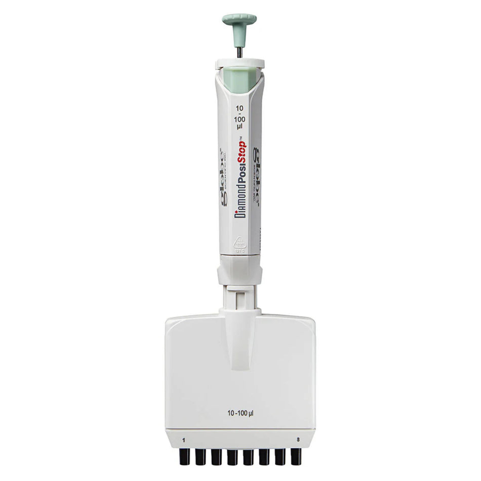 Globe Scientific Pipette, Diamond Posistop,  Autoclavable, 8 Channel, 10-100ul, Green