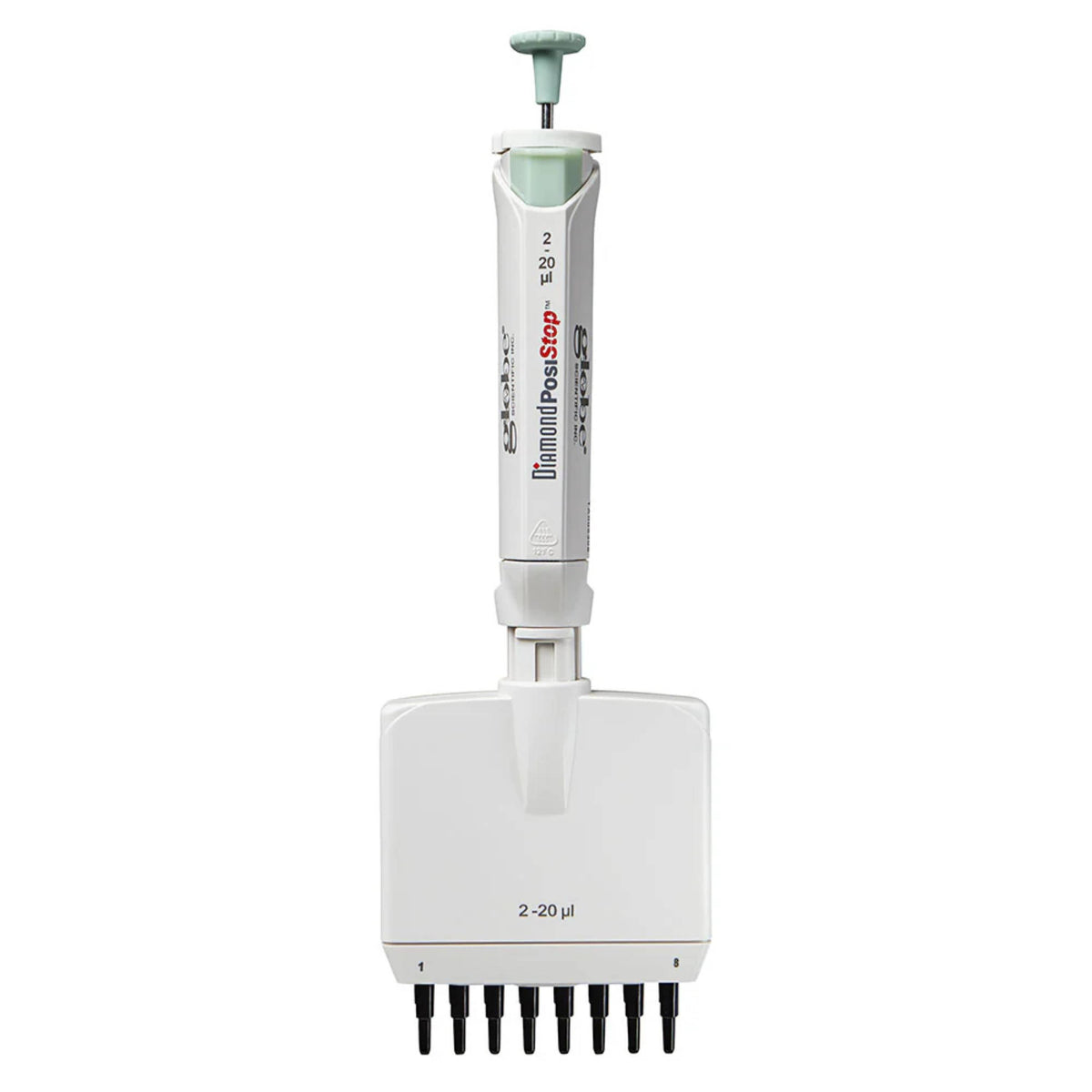Globe Scientific Pipette, Diamond Posistop,  Autoclavable, 8 Channel, 2-20ul, Red