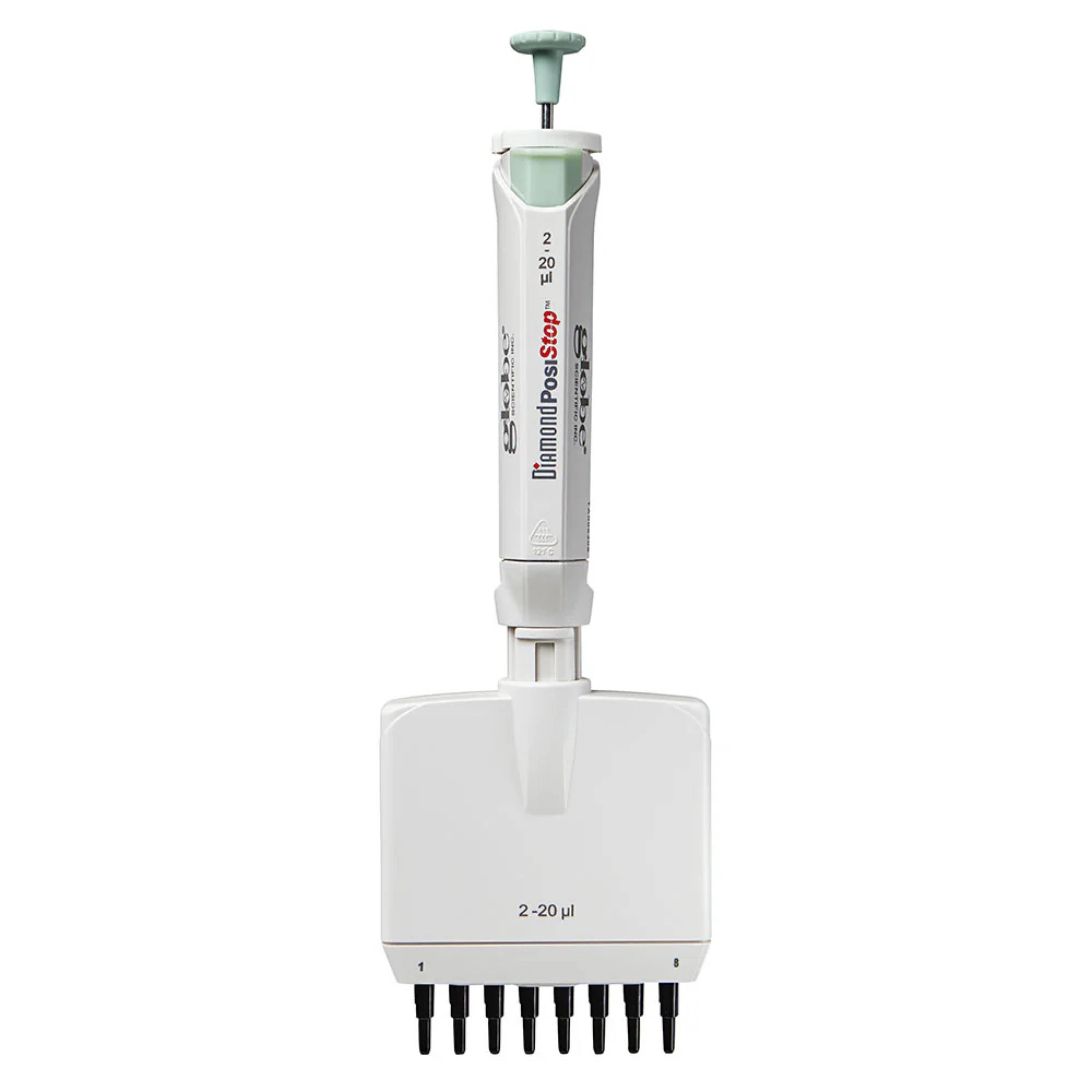 Globe Scientific Pipette, Diamond Posistop,  Autoclavable, 8 Channel, 2-20ul, Red