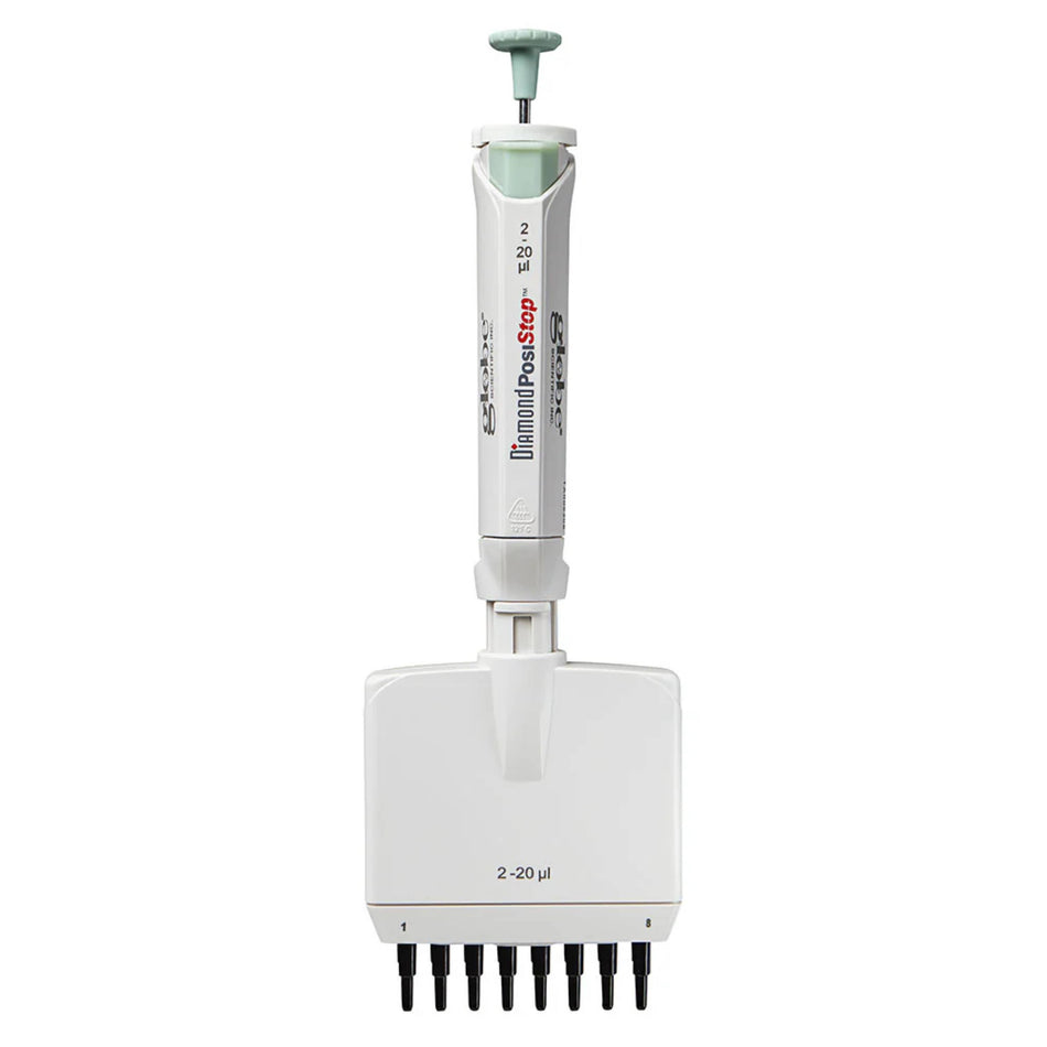 Globe Scientific Pipette, Diamond Posistop,  Autoclavable, 8 Channel, 2-20ul, Red