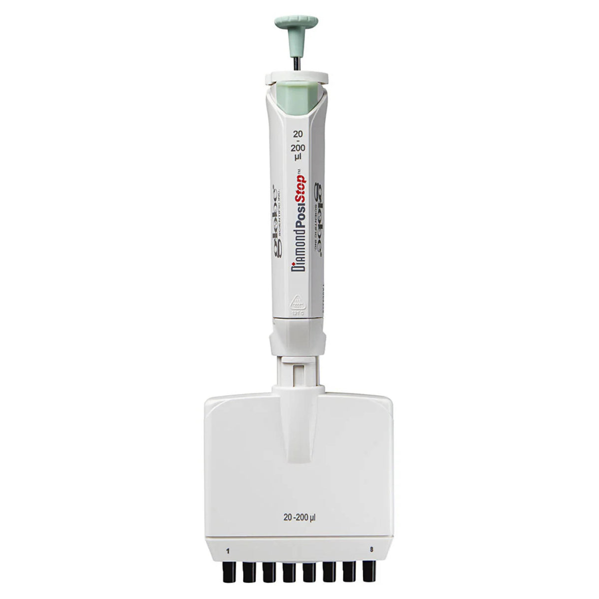 Globe Scientific Pipette, Diamond Posistop, Autoclavable, 8 Channel, 20-200ul, Green