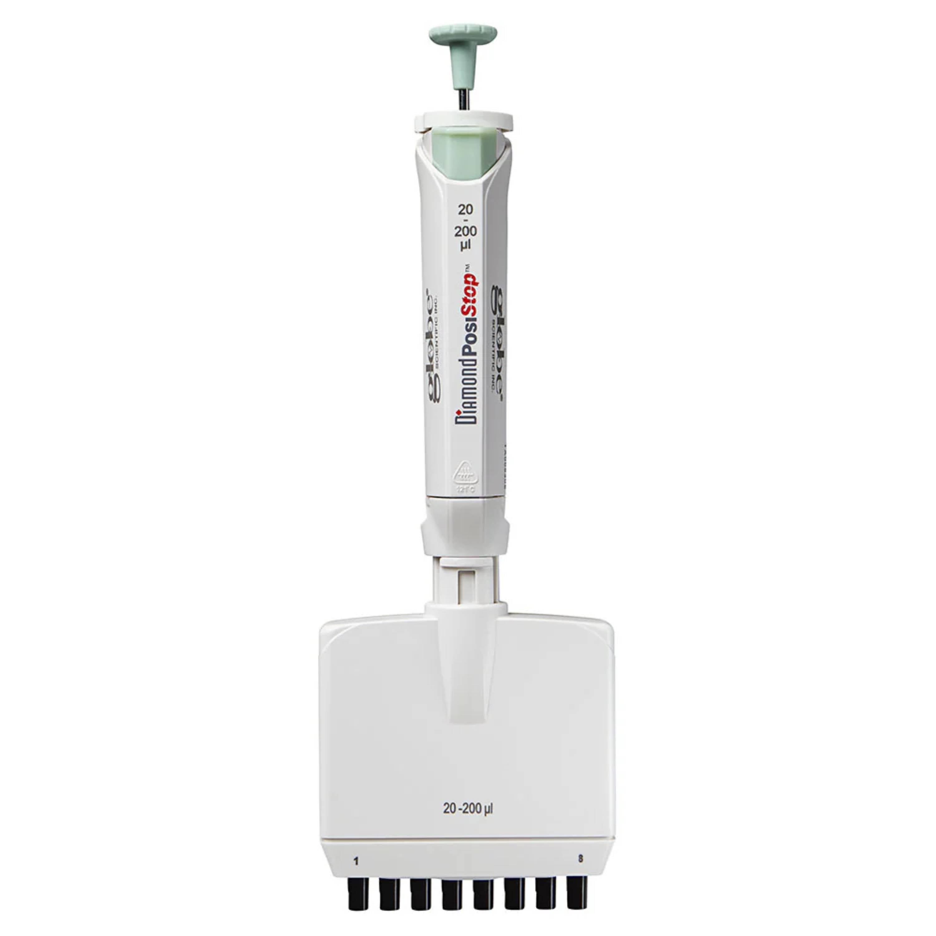 Globe Scientific Pipette, Diamond Posistop, Autoclavable, 8 Channel, 20-200ul, Green