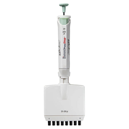 Globe Scientific Pipette, Diamond Posistop, Autoclavable, 8 Channel, 20-200ul, Green