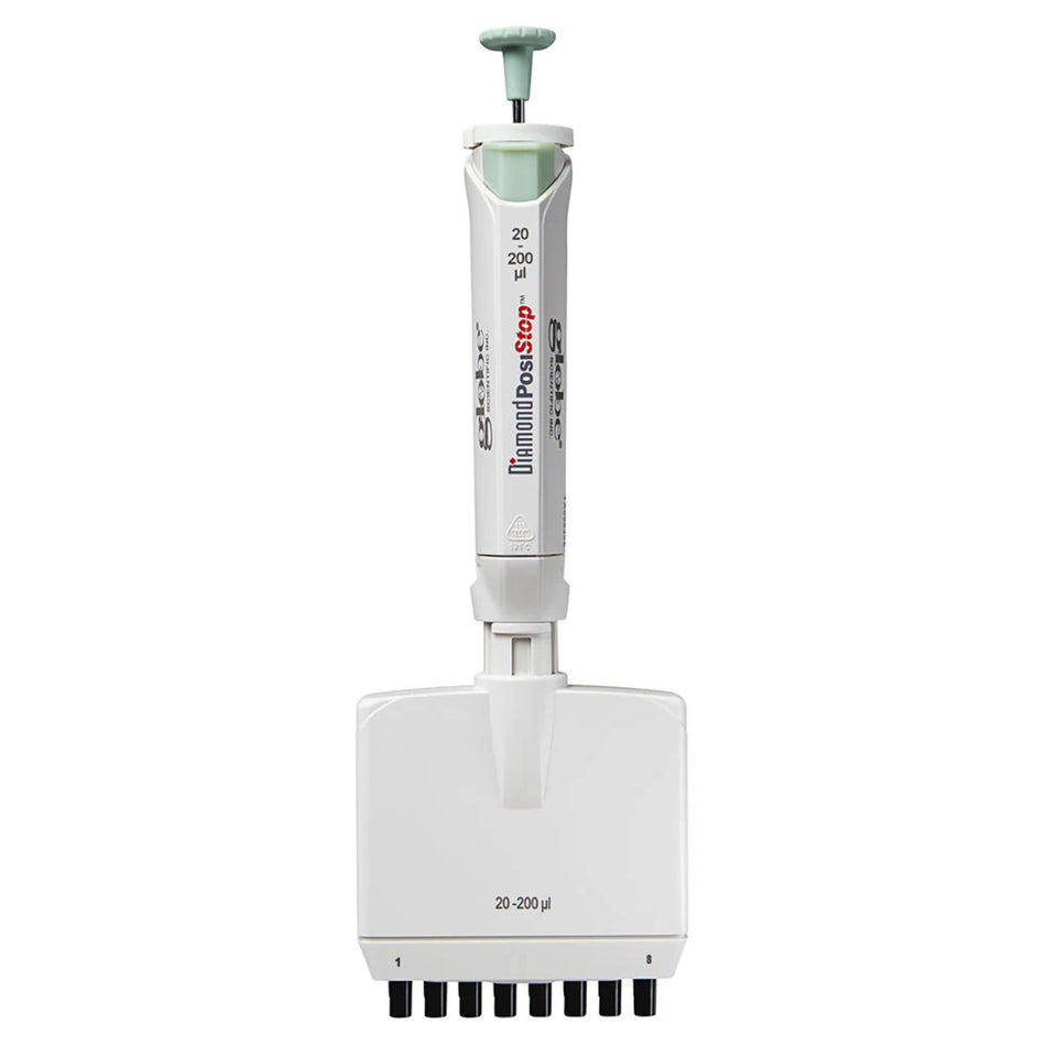 Globe Scientific Pipette, Diamond Posistop, Autoclavable, 8 Channel, 20-200ul, Green