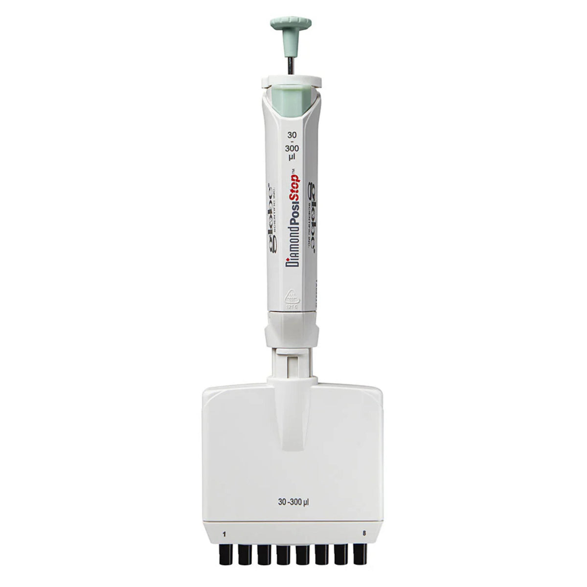 Globe Scientific Pipette, Diamond Posistop,  Autoclavable, 8 Channel, 30-300ul,Yellow