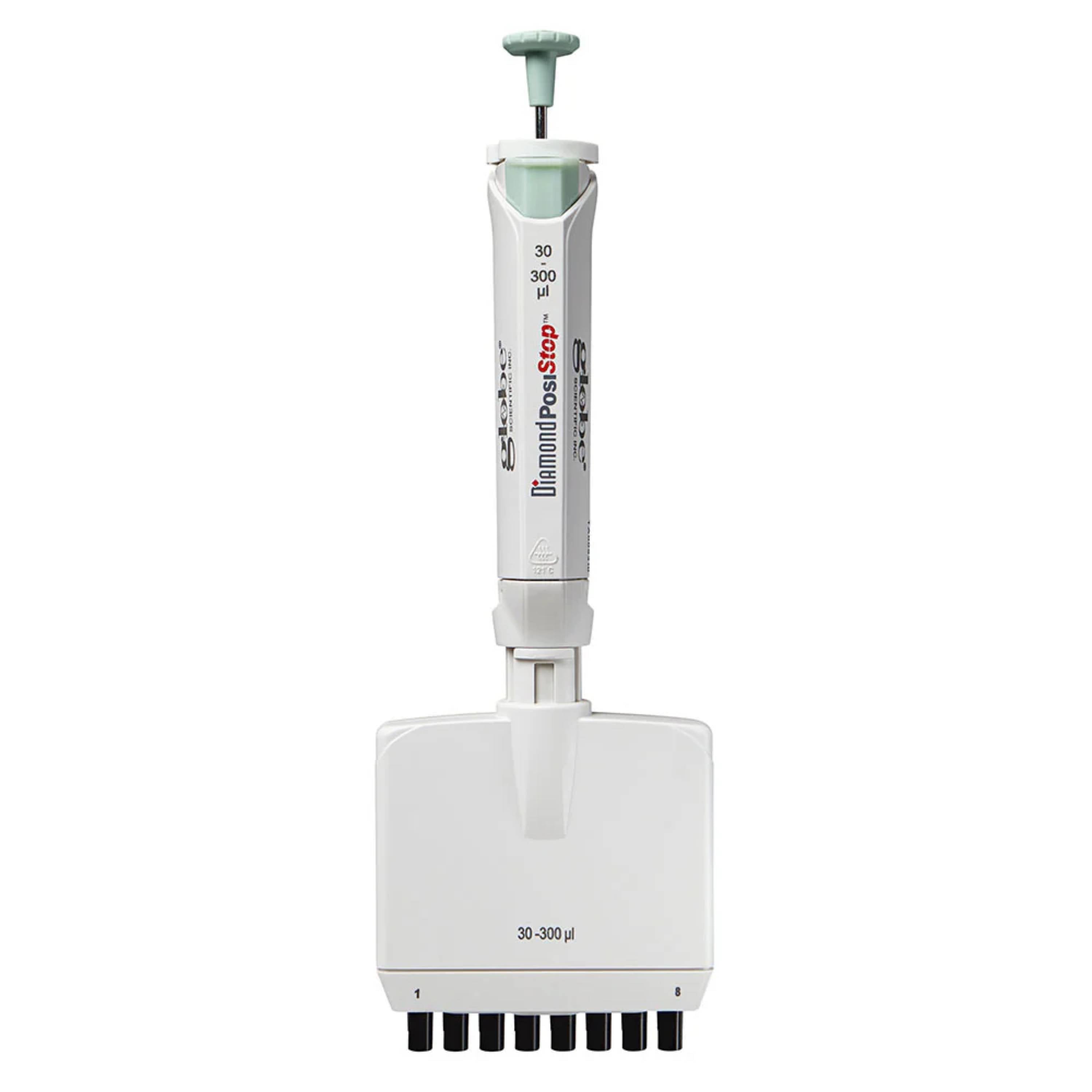 Globe Scientific Pipette, Diamond Posistop,  Autoclavable, 8 Channel, 30-300ul,Yellow