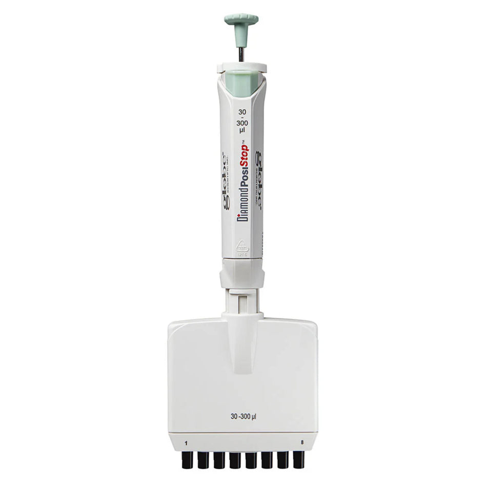 Globe Scientific Pipette, Diamond Posistop,  Autoclavable, 8 Channel, 30-300ul,Yellow