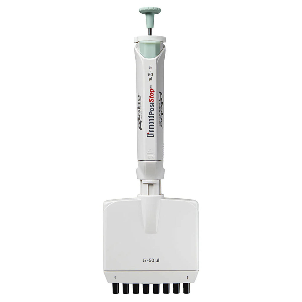 Globe Scientific Pipette, Diamond Posistop,  Autoclavable, 8 Channel, 5-50ul, Green