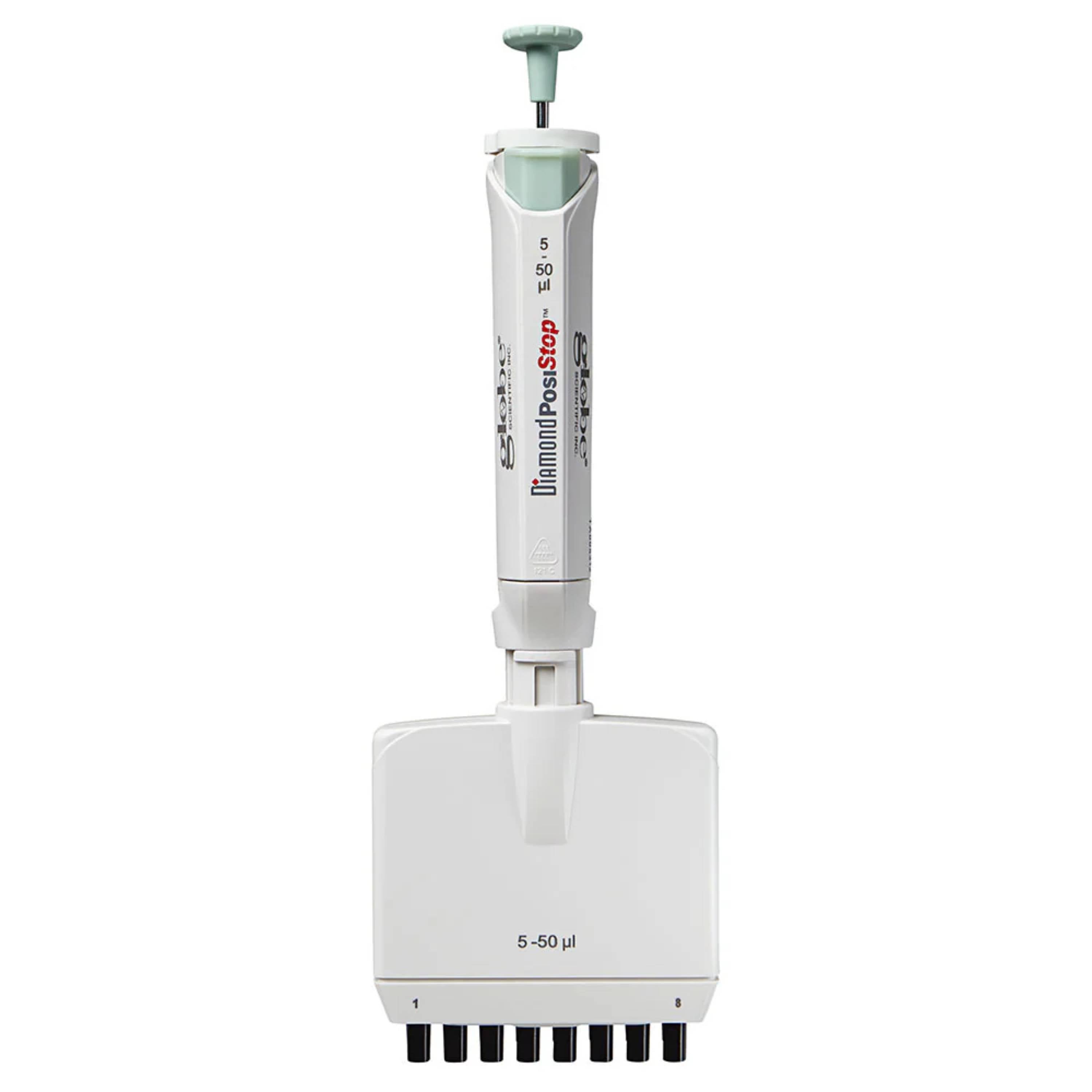 Globe Scientific Pipette, Diamond Posistop,  Autoclavable, 8 Channel, 5-50ul, Green