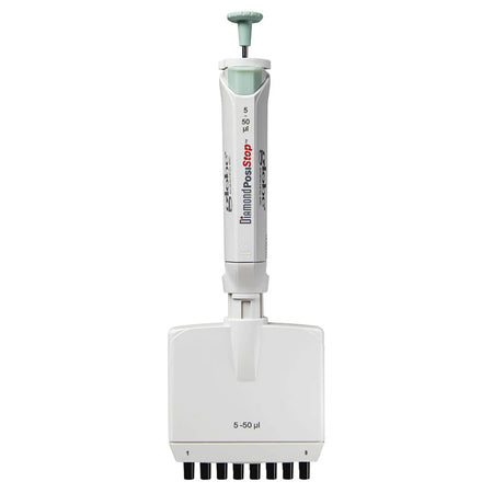 Globe Scientific Pipette, Diamond Posistop,  Autoclavable, 8 Channel, 5-50ul, Green