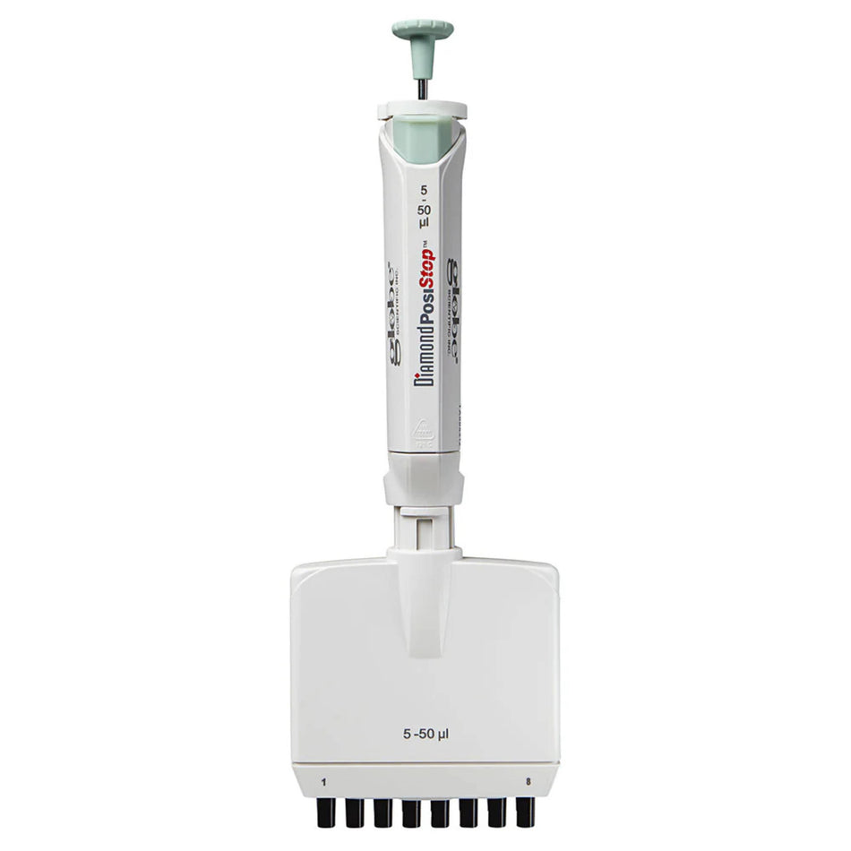 Globe Scientific Pipette, Diamond Posistop,  Autoclavable, 8 Channel, 5-50ul, Green