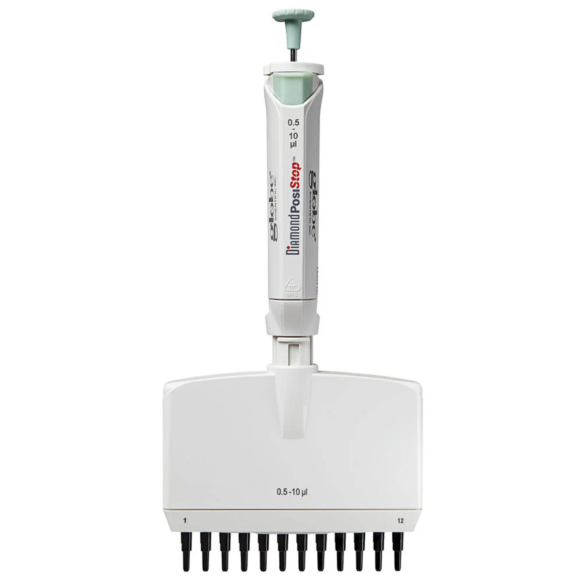 Globe Scientific Pipette, Diamond Posistop,  Autoclavable,12-Channel, 0.5ul-10ul, Red