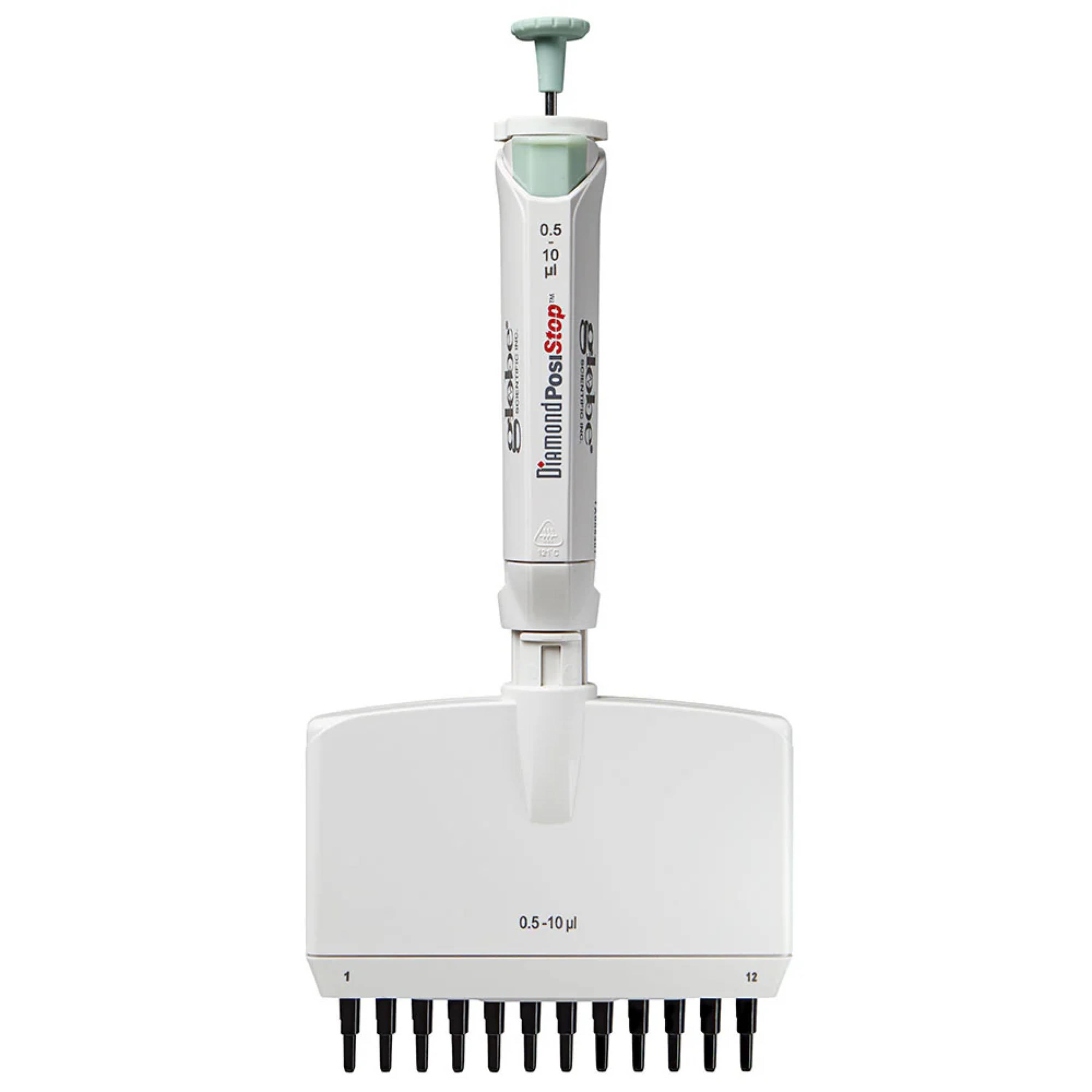 Globe Scientific Pipette, Diamond Posistop,  Autoclavable,12-Channel, 0.5ul-10ul, Red