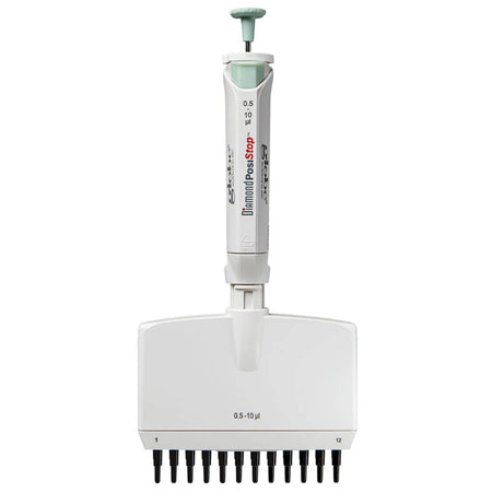 Globe Scientific Pipette, Diamond Posistop,  Autoclavable,12-Channel, 0.5ul-10ul, Red
