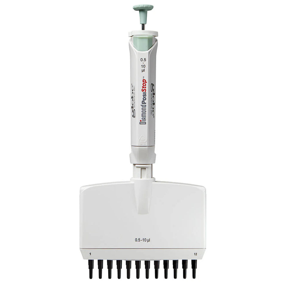 Globe Scientific Pipette, Diamond Posistop,  Autoclavable,12-Channel, 0.5ul-10ul, Red