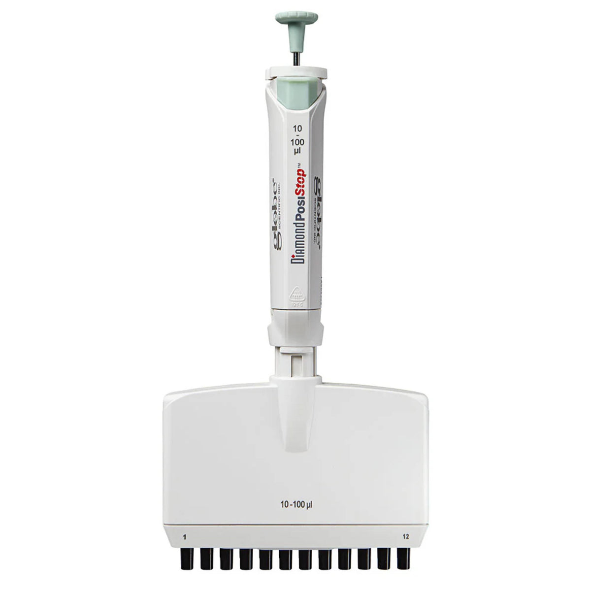 Globe Scientific Pipette, Diamond Posistop,  Autoclavable, 12-Channel, 10-100ul, Green