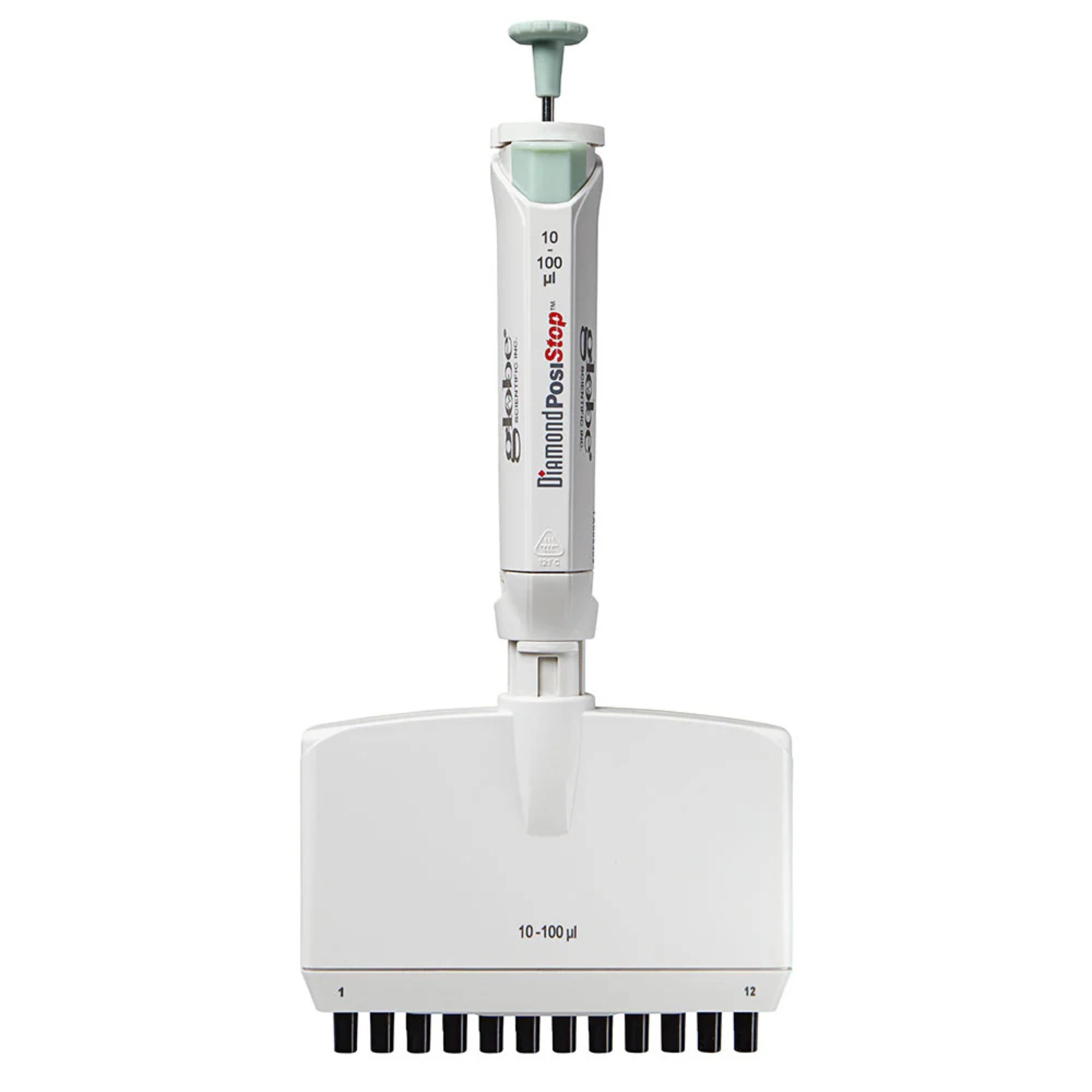 Globe Scientific Pipette, Diamond Posistop,  Autoclavable, 12-Channel, 10-100ul, Green