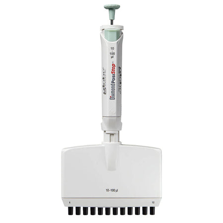 Globe Scientific Pipette, Diamond Posistop,  Autoclavable, 12-Channel, 10-100ul, Green