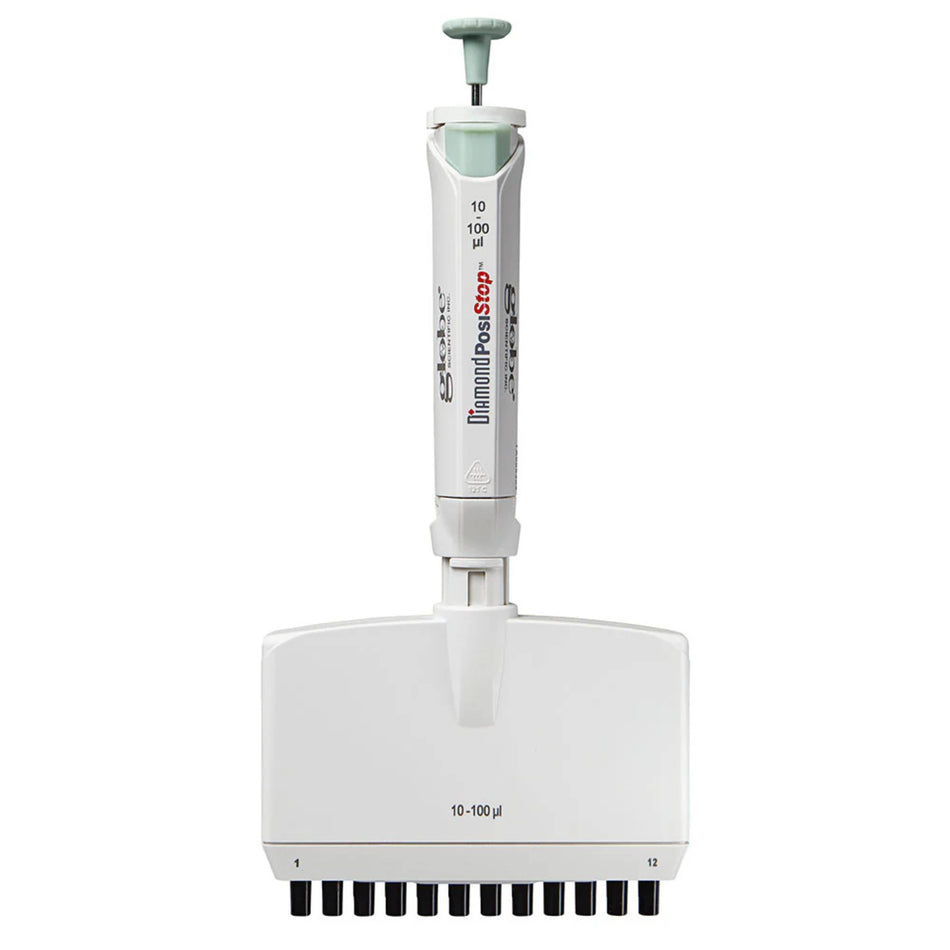 Globe Scientific Pipette, Diamond Posistop,  Autoclavable, 12-Channel, 10-100ul, Green